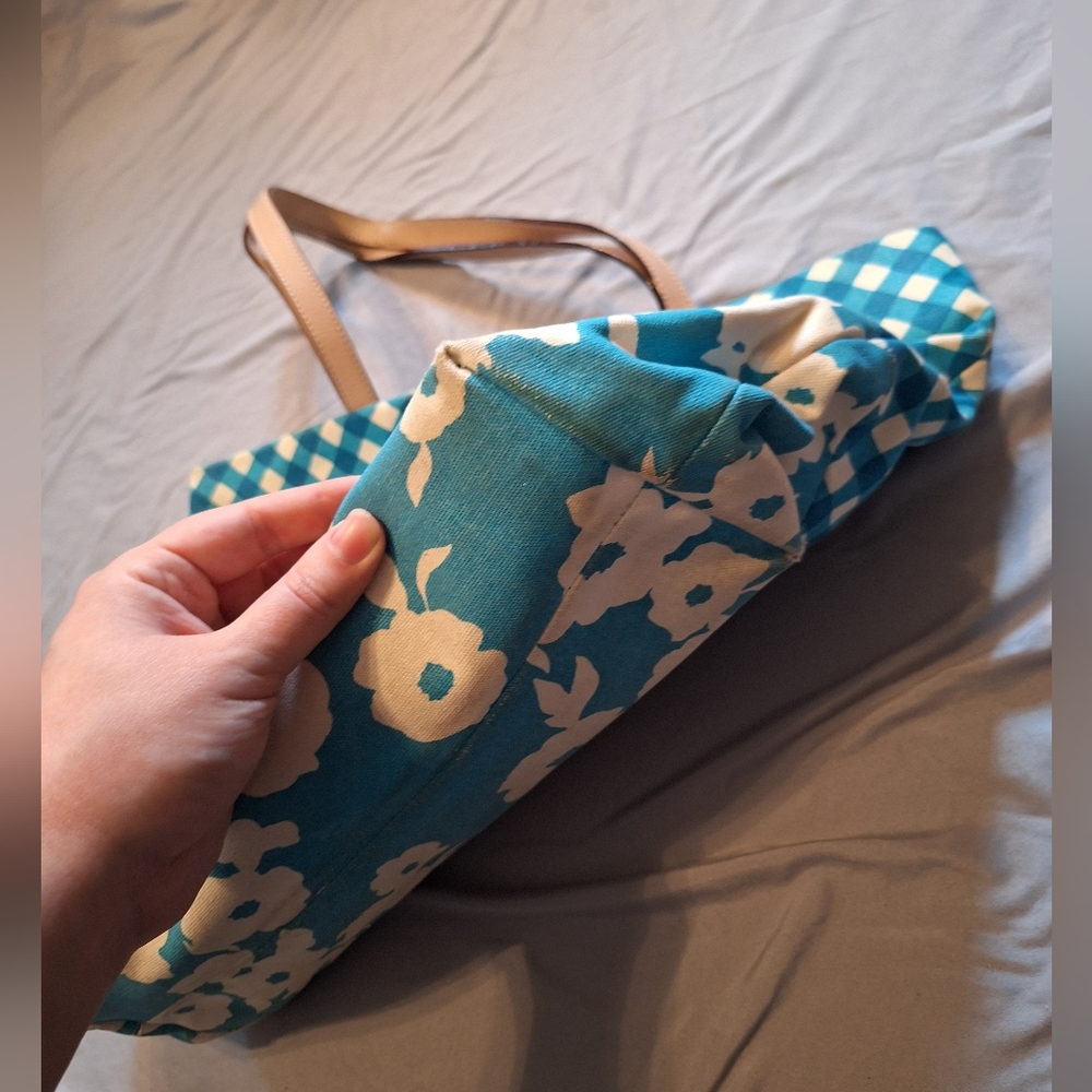 Large Kate Spade Blue Floral and Gingham Tote Bag - Picture 6 of 8